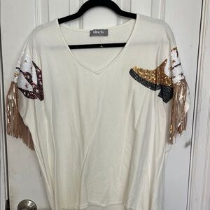 Blue Blush Cream Tee with Gold and Black Sequin Fringe